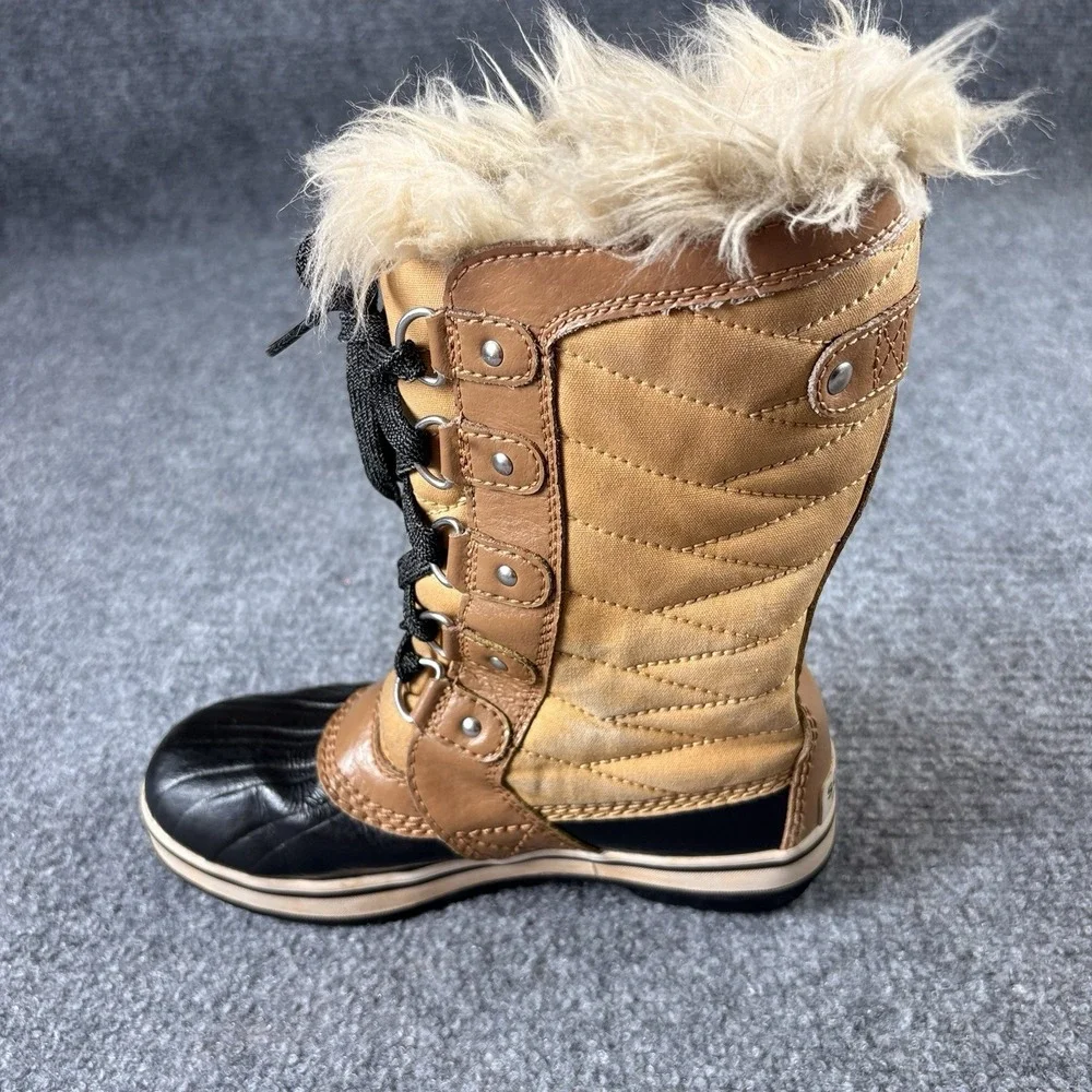 Sorel Tofino II Snow Boots Girls Youth 2 Tan Black Faux Fur Waterproof NY2419